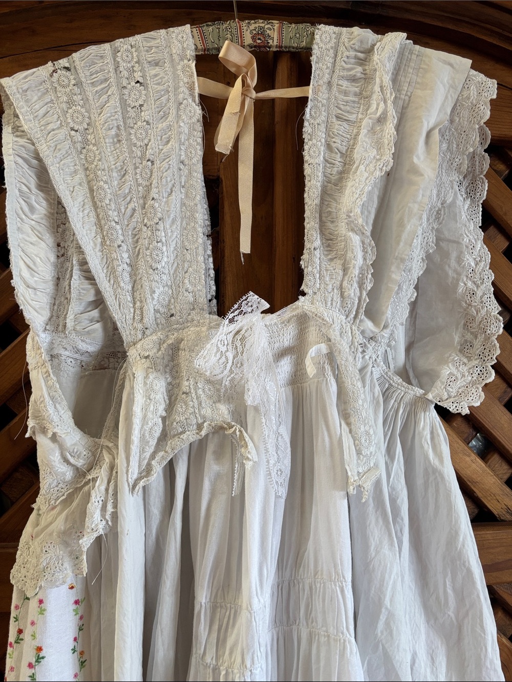 Upcycled white vtg antique lace Bohemian Ruffled shabby pieced Dress Embroidery